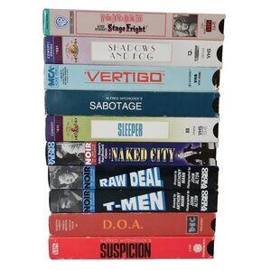 Hitchcock VHS Lot 10 B&W Sabotage Psycho Vertigo Suspicion Film Noir Woody Allen